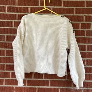 Madewell white knit sweater with shoulder buttons